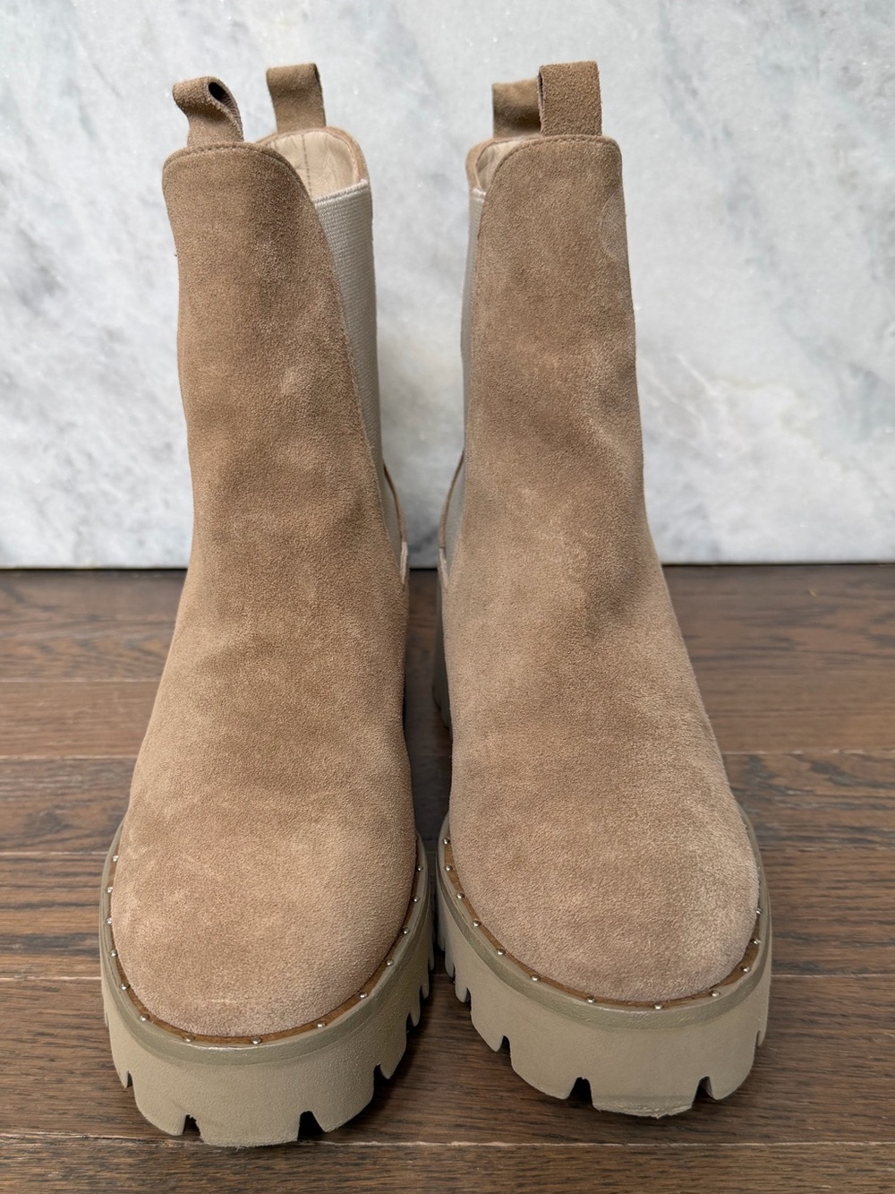 Freda Salvador “Brooke” Tan Suede Lug Sole Chelsea Booties